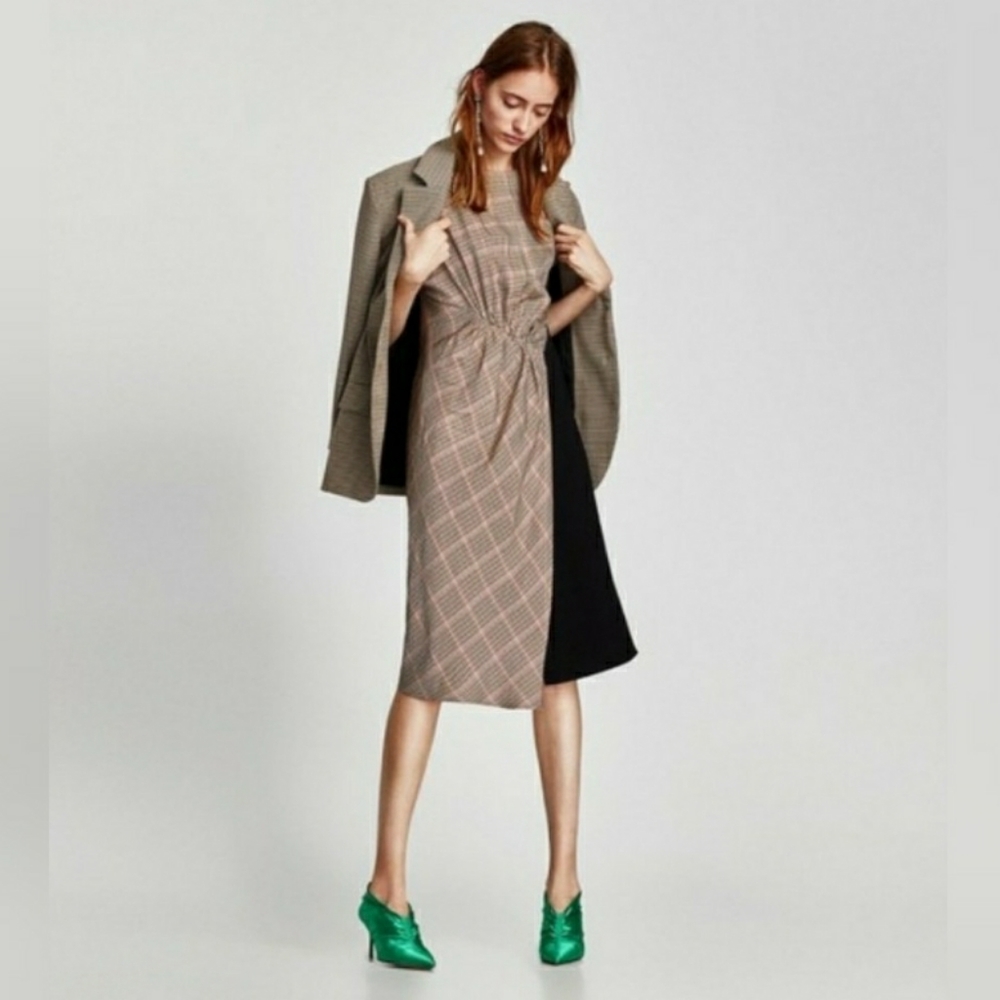 Zara Women Patchwork Midi Viscose Dress Size S Plaid Asymmetric Black Brown